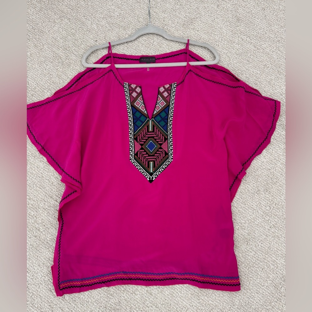 NWOT Hale Bob Voile Silk Top Tunic‎ Pink Boho Cut Out Sleeves Peasant Blouse Med